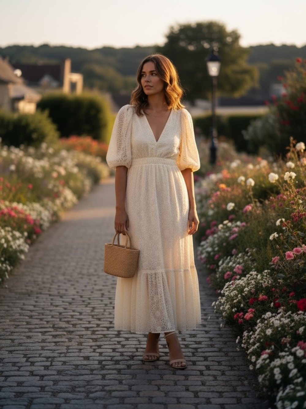 ASTR The Label Lace Midi Dress Cream Yellow Puff Sleeve NWT Size S